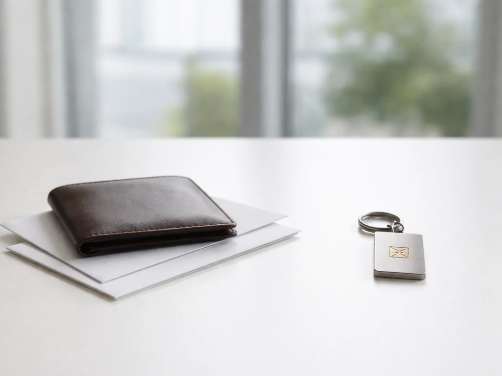 Minimal finance-themed desk scene with two stacked envelopes and a small key fob symbolizing cash and equity.