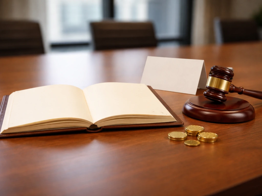 Minimal photo of a director fee concept: gavel, board meeting card, and a leather ledger on a desk
