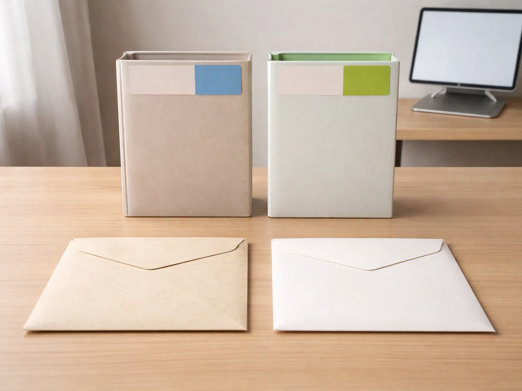 Minimal desk with older and newer folders/envelopes side by side suggesting a before/after timeline.