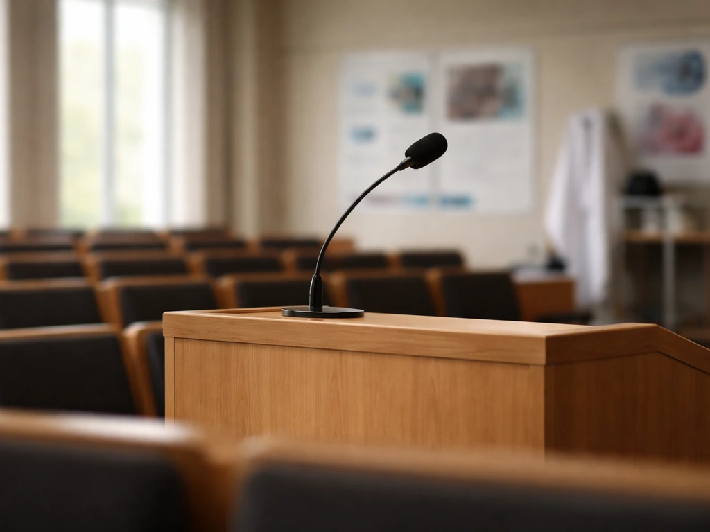 Quiet Johns Hopkins-style lecture hall scene with a podium and soft city light, symbolizing an acclaimed oncology scient