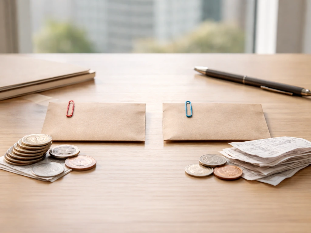 Minimal desk scene with envelopes and coins showing a split between more certain and estimated items.