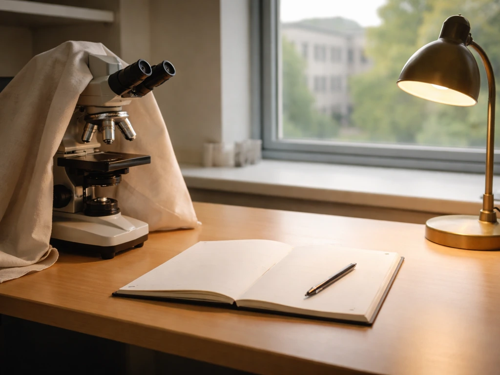 Quiet university lab desk with microscope and notebook in natural light, suggesting academic milestones.