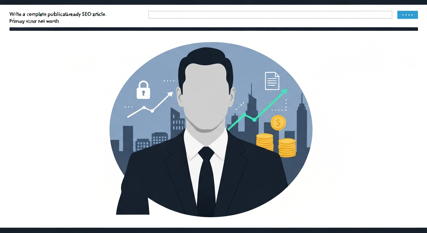 Stylized editorial illustration showing a non-identifiable executive silhouette with security icons, graphs, and document motifs to represent a cybersecurity leader and a net-worth profile.
