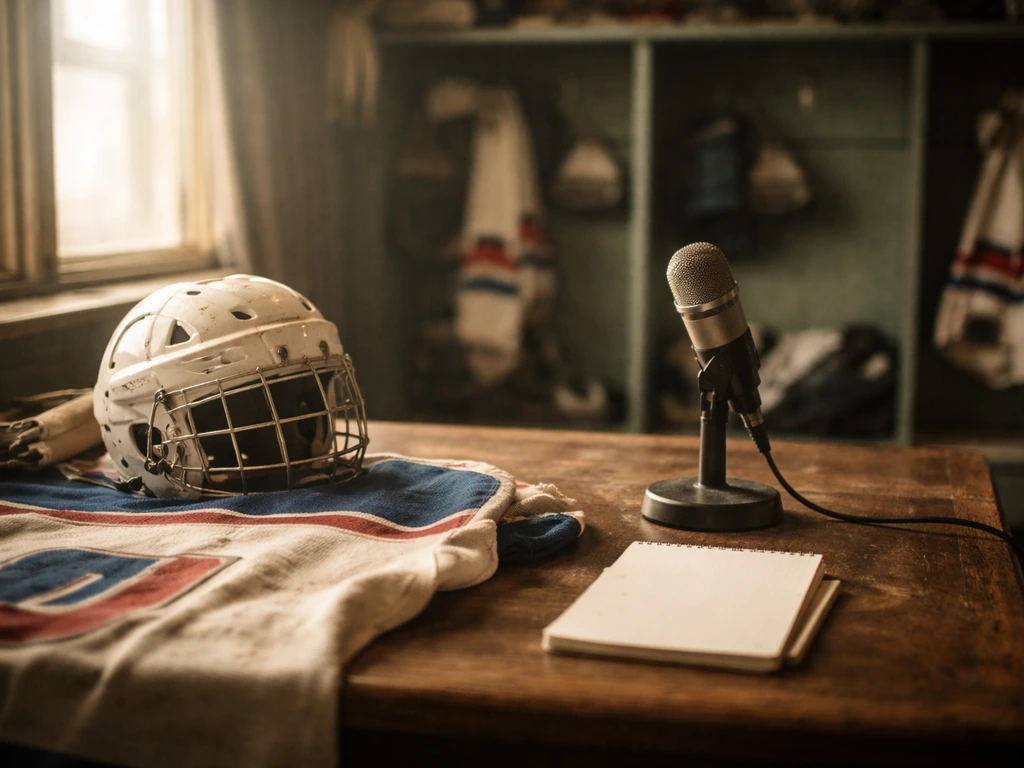 Archival-style hockey memorabilia and a microphone on a desk, symbolizing analysis and estimated net worth