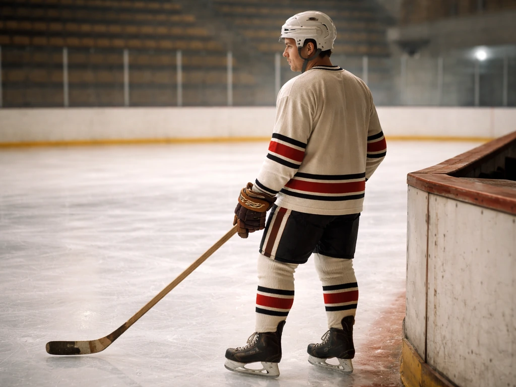 Anonymous vintage-era hockey player on an ice rink with a wooden stick, minimal background.