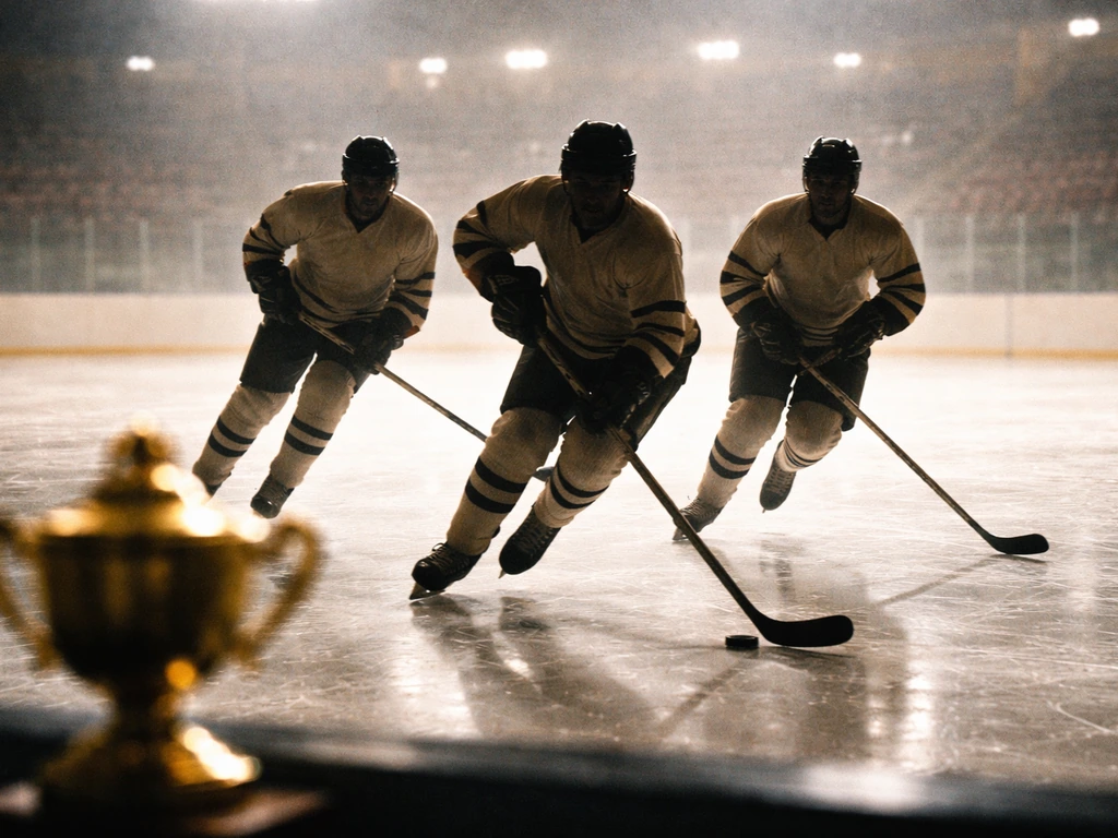 Three anonymous hockey players skate on a lit rink, vintage feel with a trophy-like gold item on the bench.