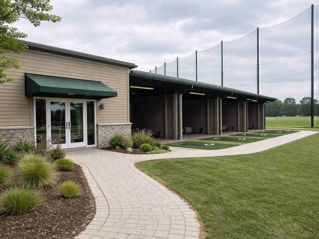 Suburban Ontario driving range and learning centre storefront with empty practice bays in soft daylight.