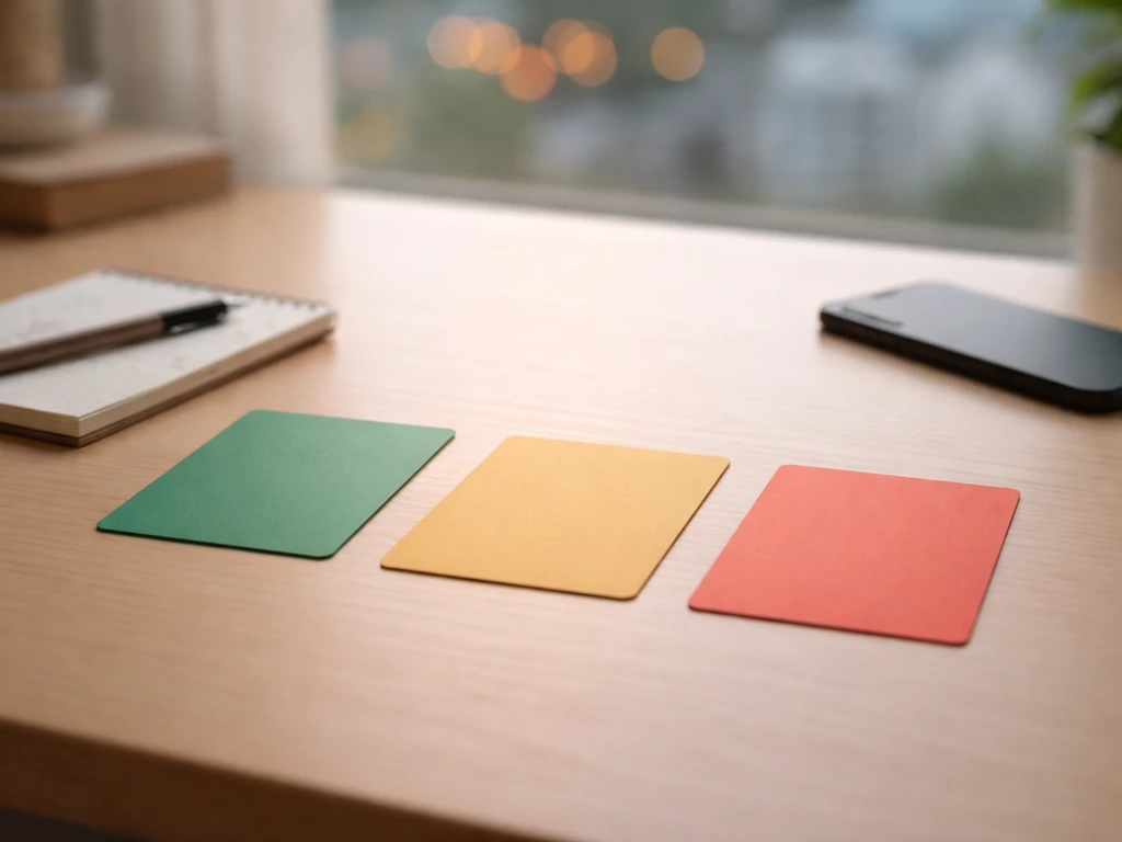 Three side-by-side blank cards on a desk symbolizing differing net worth estimates across sources.