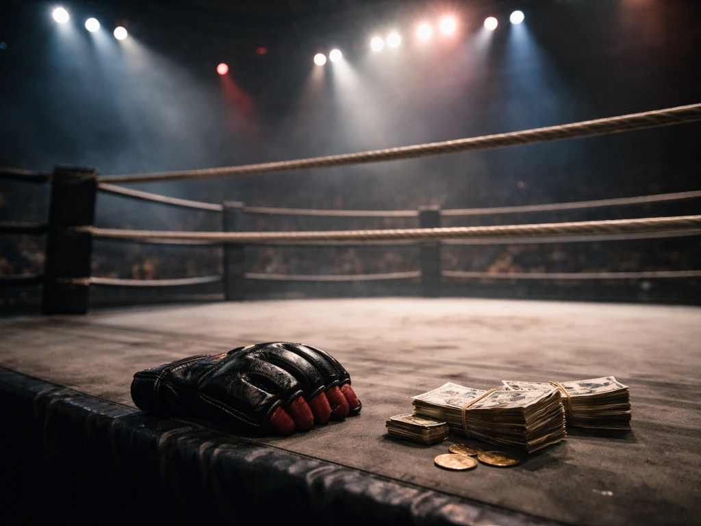 Empty PRIDE-era MMA ring under arena lights, with currency-like props symbolizing money and career analysis