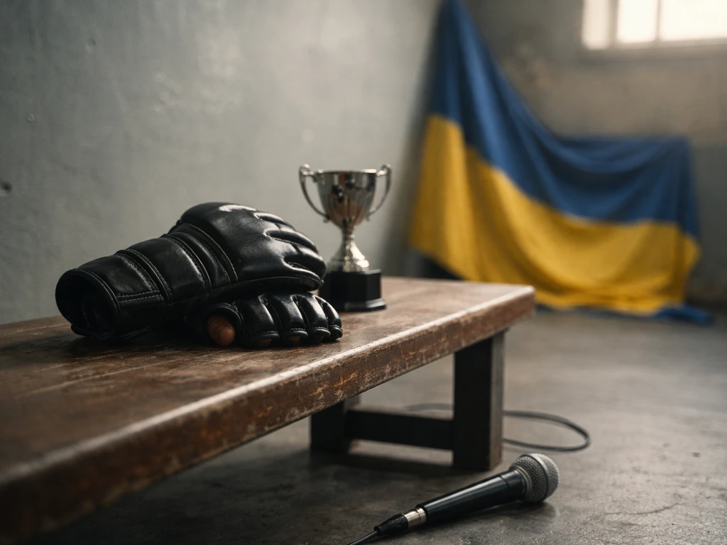Ukrainian MMA-style training scene with a trophy and microphone in a quiet gym, identity-confirmation vibe