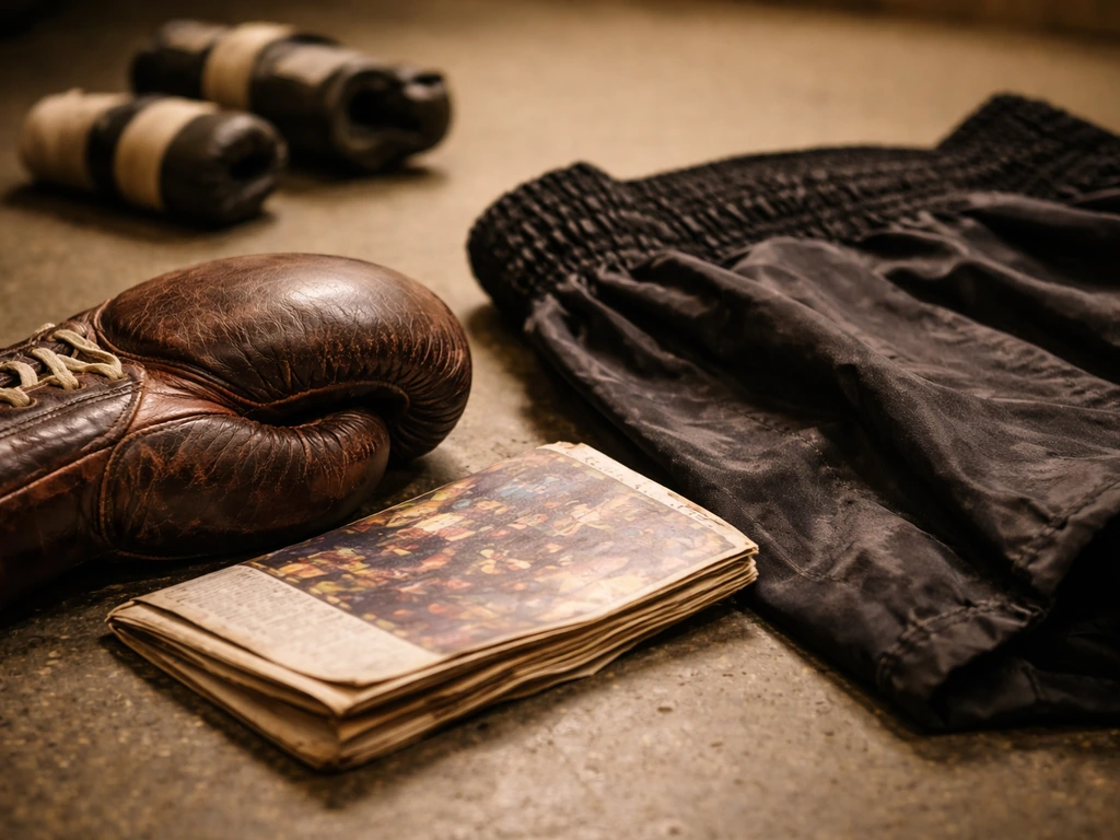 Worn event ticket/program beside a leather glove and black fight trunks on a gym floor.