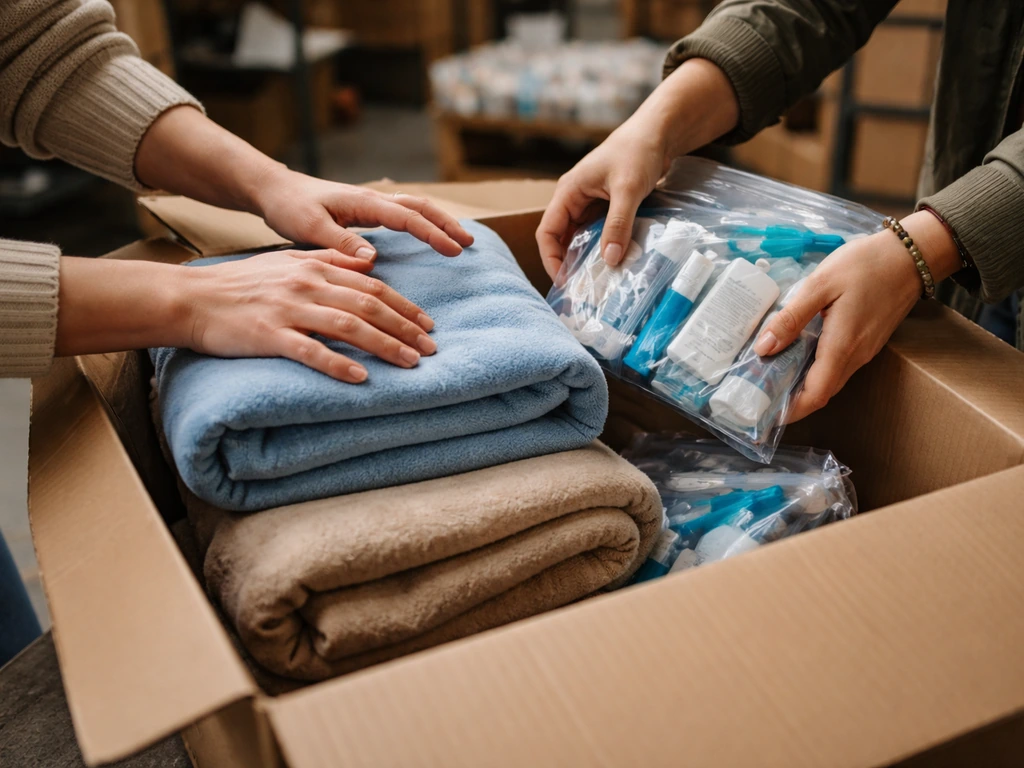 Anonymous volunteers’ hands placing blankets and hygiene kits into a plain donation box in a warehouse.