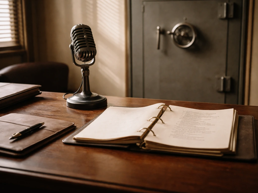 An open script and vintage Hollywood office items beside a closed safe, suggesting an actor’s estate investigation.