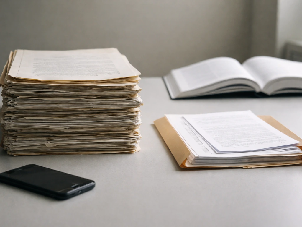 Close-up of office paper records and a smaller folder suggesting confirmed documents vs incomplete estimates.