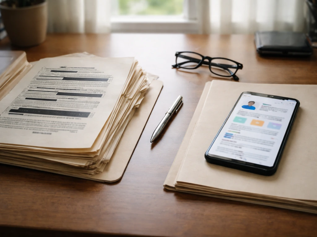Anonymous desk scene with paperwork and a blurred phone page to suggest comparing official records to net-worth sites.