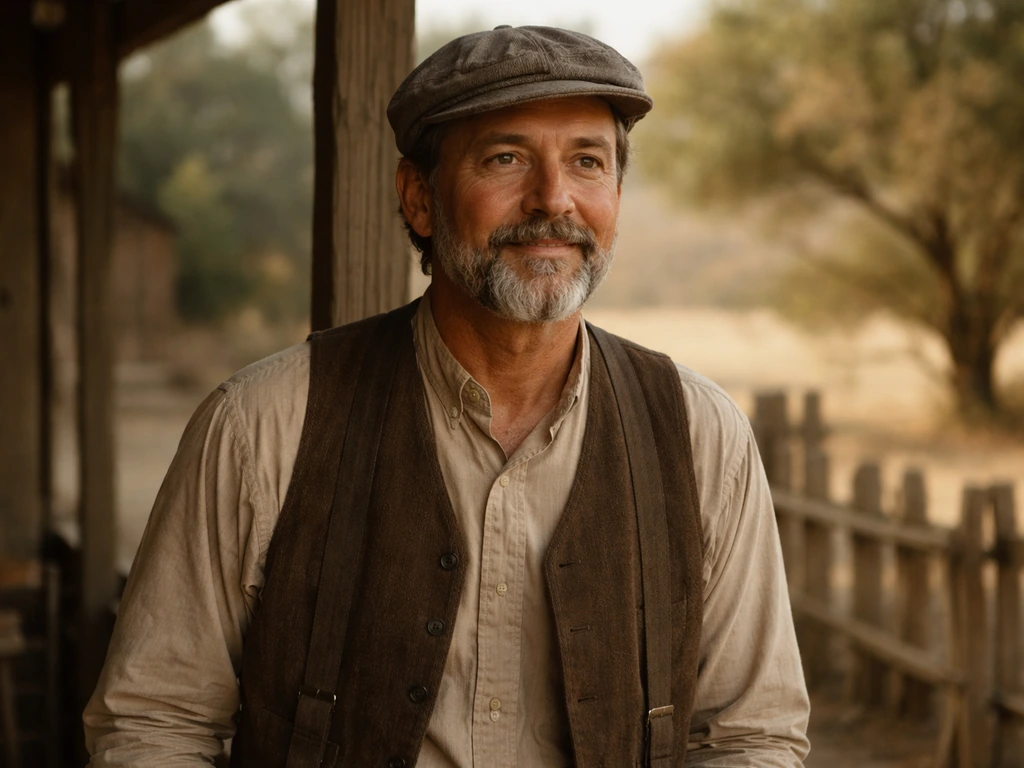 1970s rural porch scene with a fictional in-character actor from a period TV drama, natural light.
