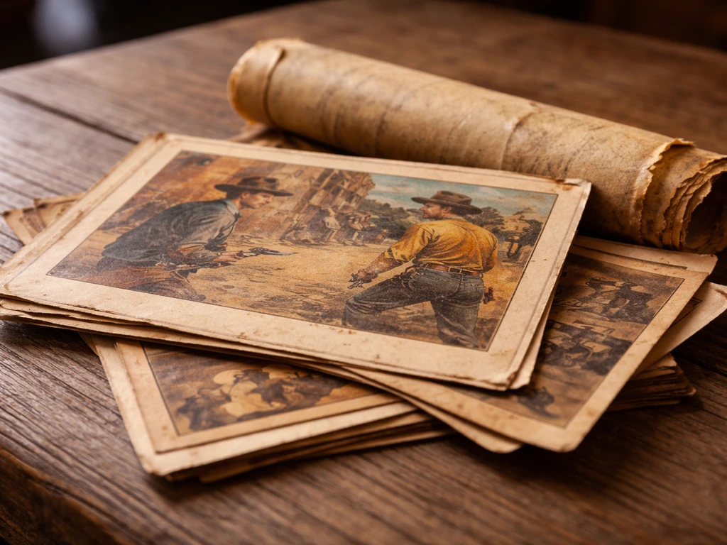 Close-up of vintage western lobby cards and posters in warm, softly lit wooden storage bins.
