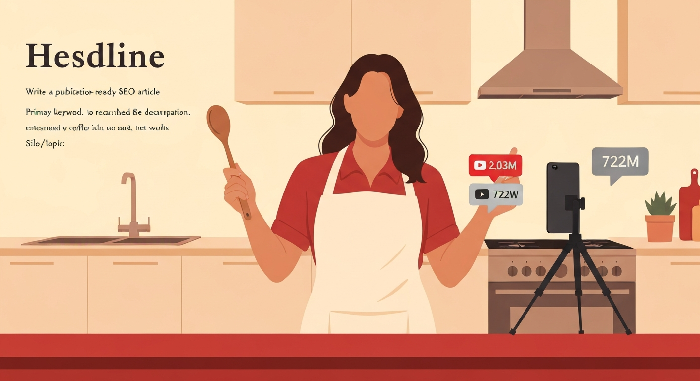 Stylized illustration of a female cooking creator in a home kitchen with floating subscriber and view badges.