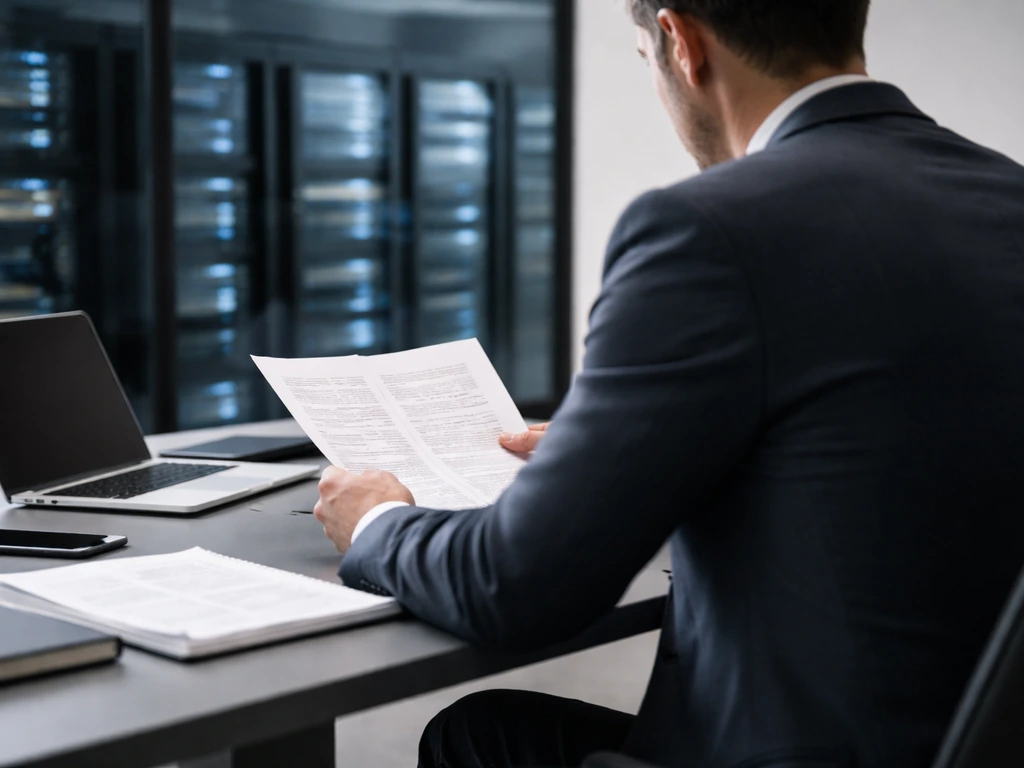 Anonymous executive in a clean office reviewing documents with blurred server racks in the background.