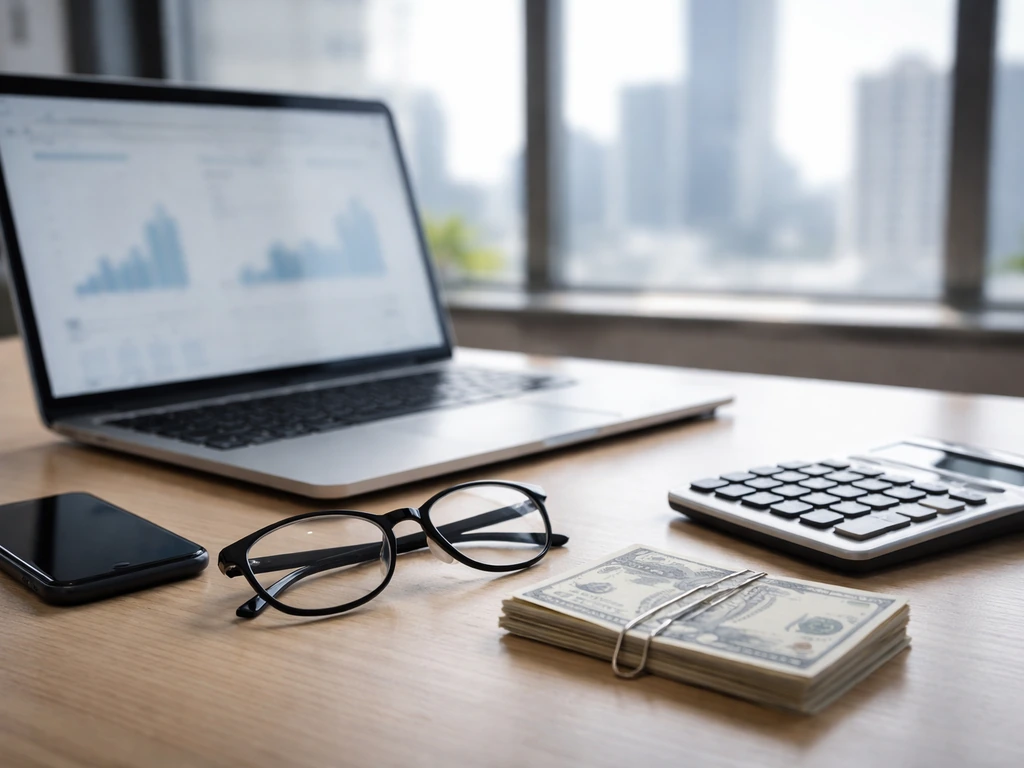 Minimal office desk scene with laptop, calculator, and money symbolizing executive compensation analysis.