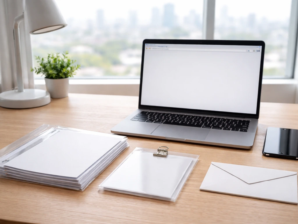 Minimal desk scene with laptop, smartphone, and blank corporate papers suggesting how to verify financial figures.