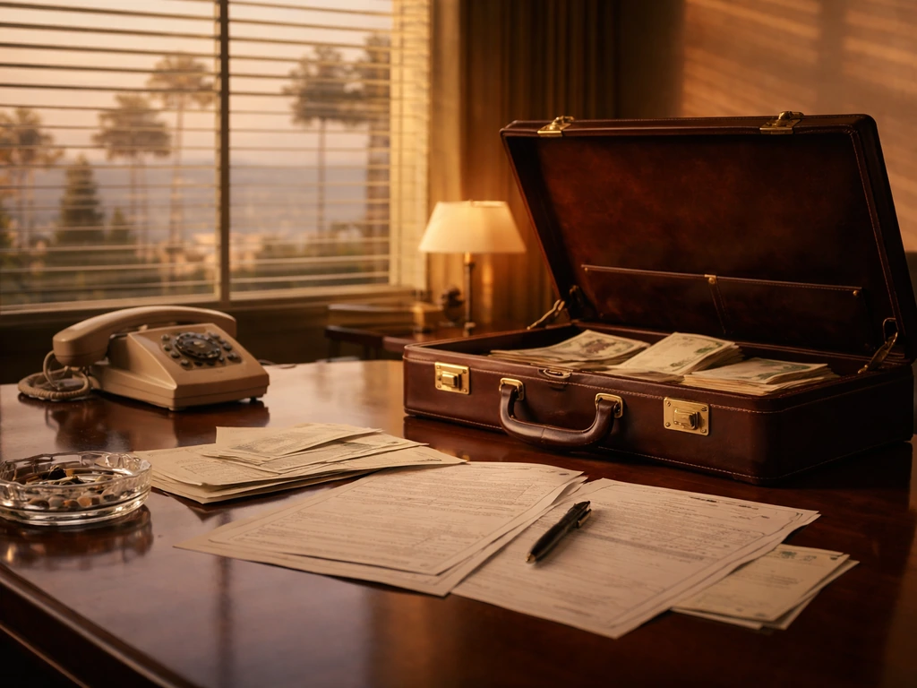 Vintage Miami office desk with briefcase, finance papers, and sunset light symbolizing corporate wealth.