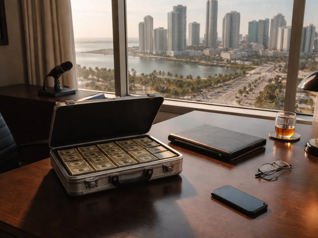 Minimal Miami office scene with a briefcase and a microphone, symbolizing corporate finance and media.