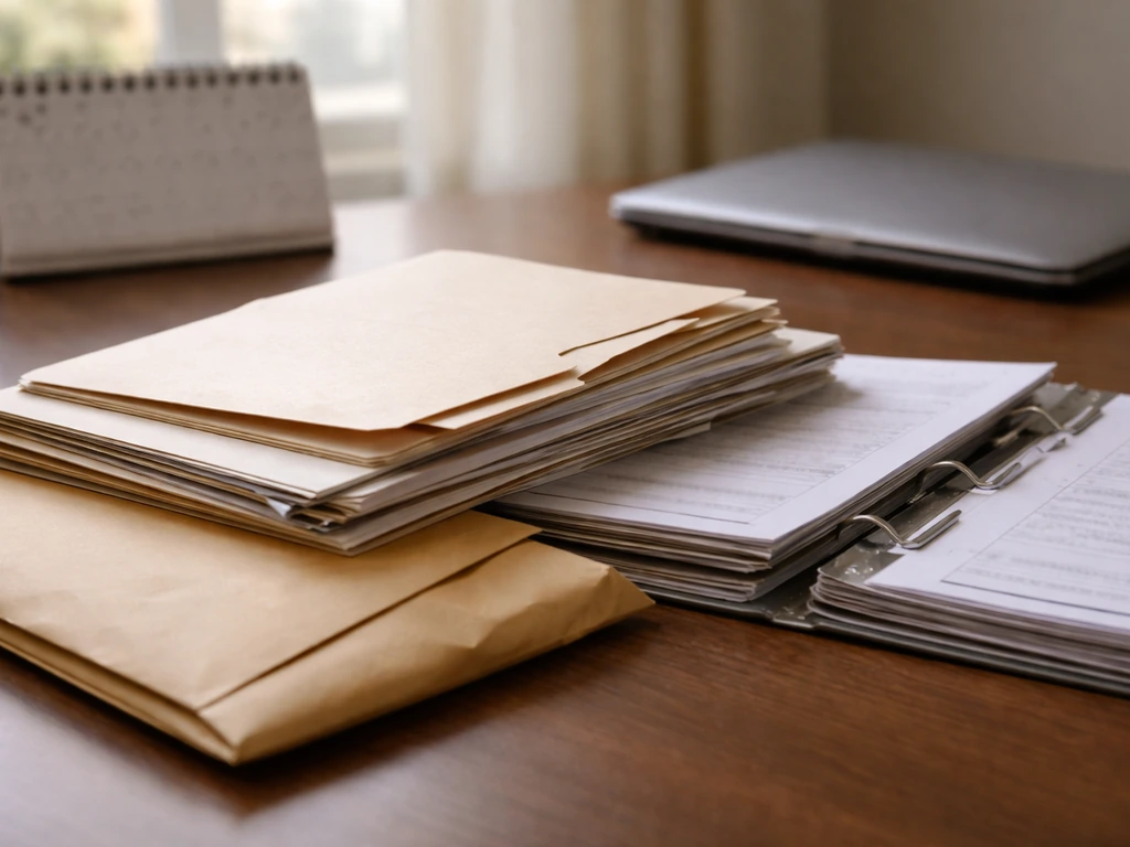 Layered stack of public-record folders and envelopes on a simple desk in natural light.