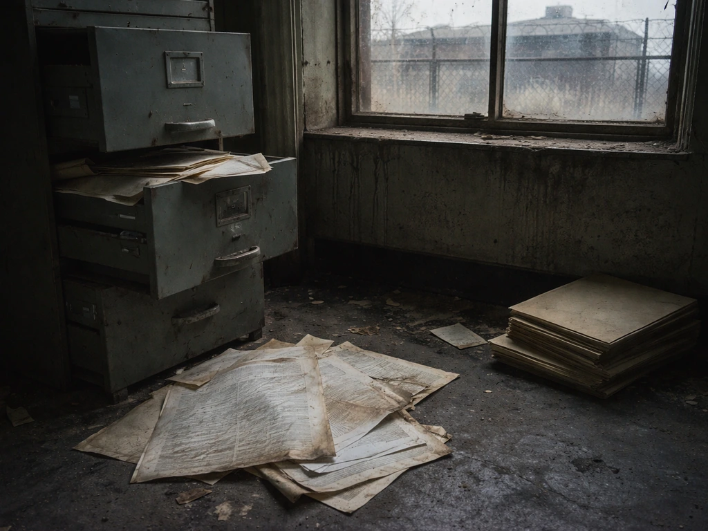 Abandoned office with crumpled financial papers and a shuttered factory visible through a dusty window.