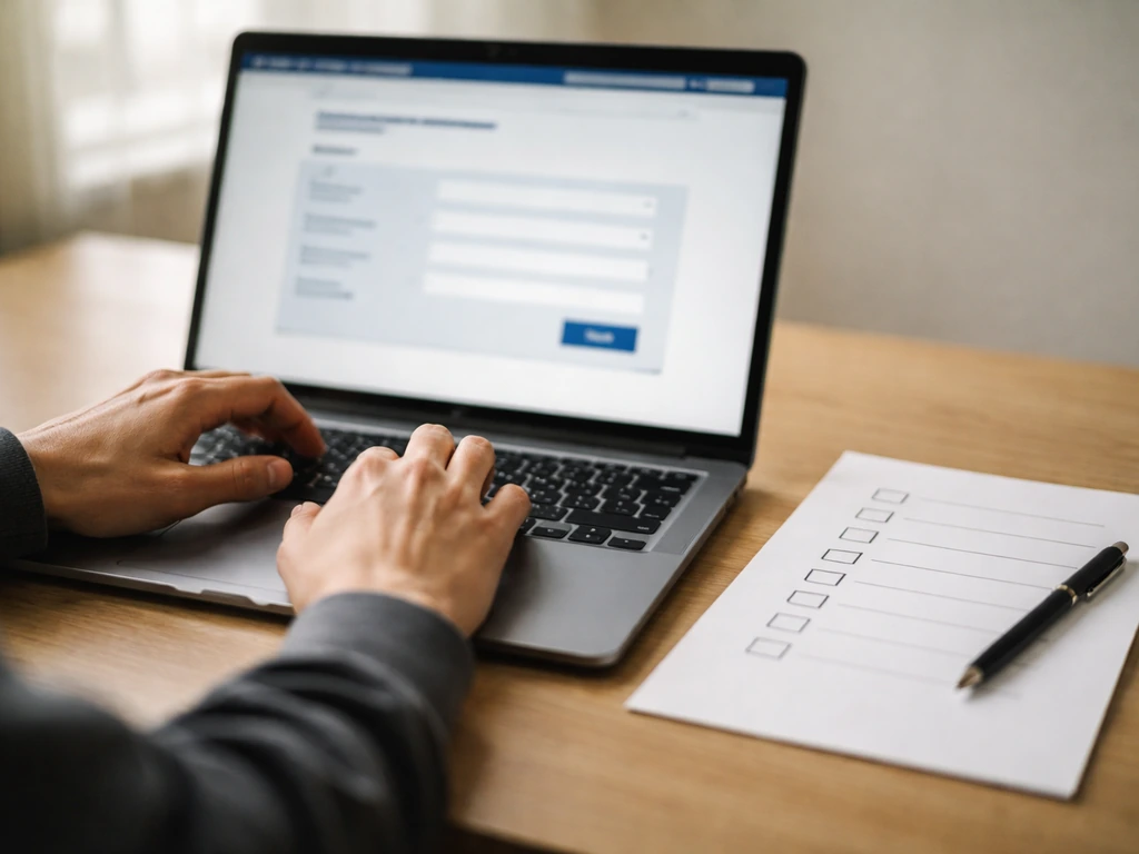Hands review a blurred laptop court-records search page alongside a blank checklist on a desk.
