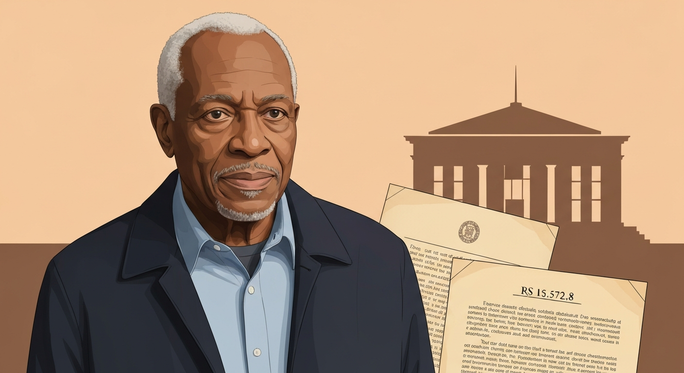 Stylized editorial illustration of an older African American man with a courthouse silhouette and legal documents in the background representing exoneration and wrongful-conviction compensation.