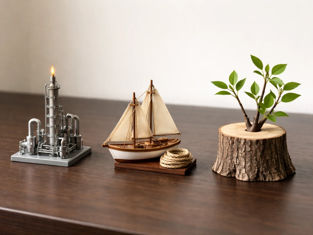 Minimal desk scene with small oil refinery, ship model, and tree stump arranged in a row.