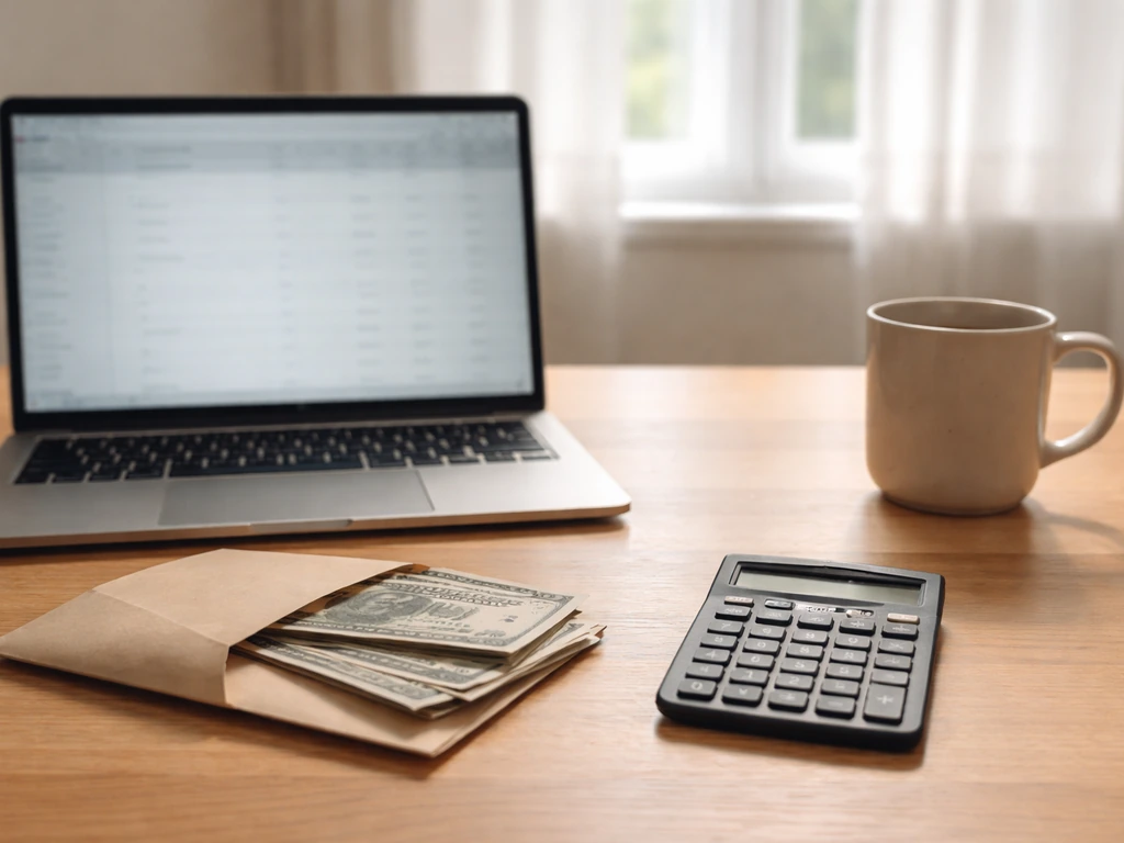 Minimal finance desk with cash, calculator, and laptop showing an unreadable blurred financial screen.