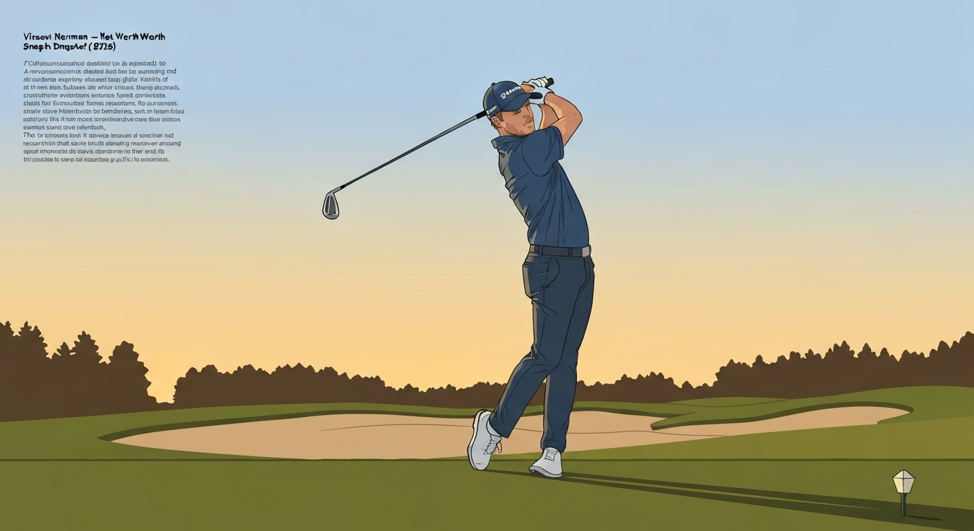Stylized illustration of a golfer mid-swing on a links course with space for a headline reading 'Vincent Norrman — Net Worth Snapshot (2026)'.