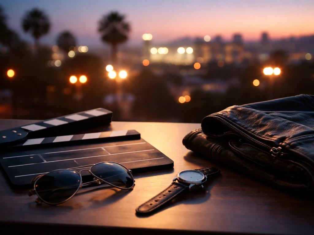 Minimal studio desk with film clapperboard, scattered role-themed props, and a blurred city skyline at dusk
