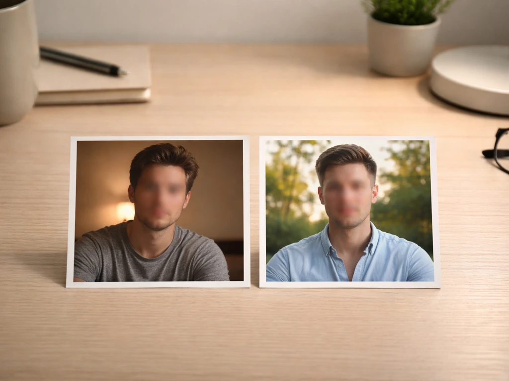 Two small frames on a desk showing a man’s face blurred—subtle change—then later, no readable text.