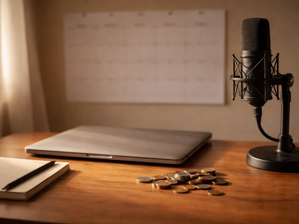Minimal desk scene with a blurred calendar and coins, symbolizing a Hollywood career earning arc.