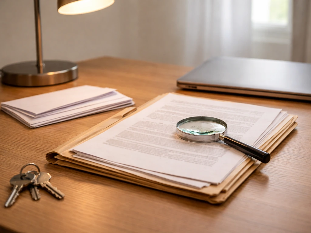 Open folder on a desk with a magnifying glass and keys, symbolizing verifying property and records.