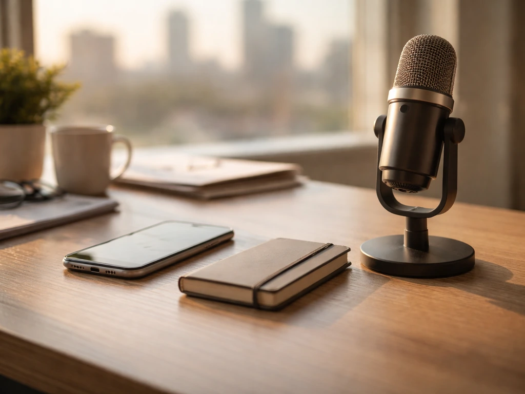 Minimal office desk with smartphone and microphone, city skyline blurred through window—symbolic business analysis.