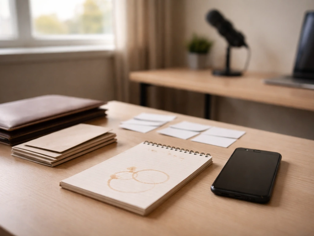 Desk with smartphone, envelopes, and blank index cards suggesting choosing the right business identity.