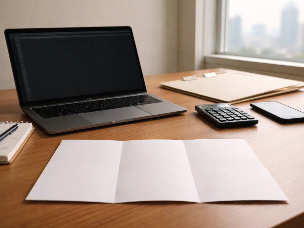 Anonymous desk with laptop, calculator, and a blank three-section paper suggesting income, assets, liabilities.