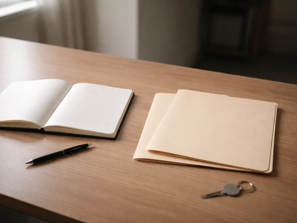 Minimal photo of an anonymous desk setup with a notebook and two blank folders to represent known vs not public.