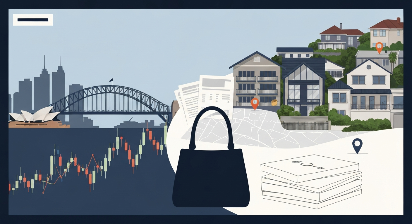 Stylized illustration combining Sydney landmarks, luxury homes, a stock chart, and an Oroton handbag silhouette representing Will Vicars' investments and net worth.