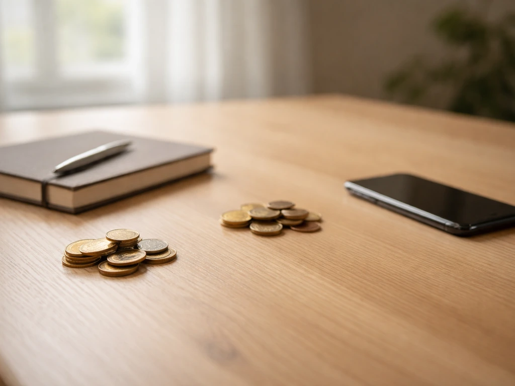 Minimal office desk with scattered coins and a smartphone, suggesting estimated net worth calculations.