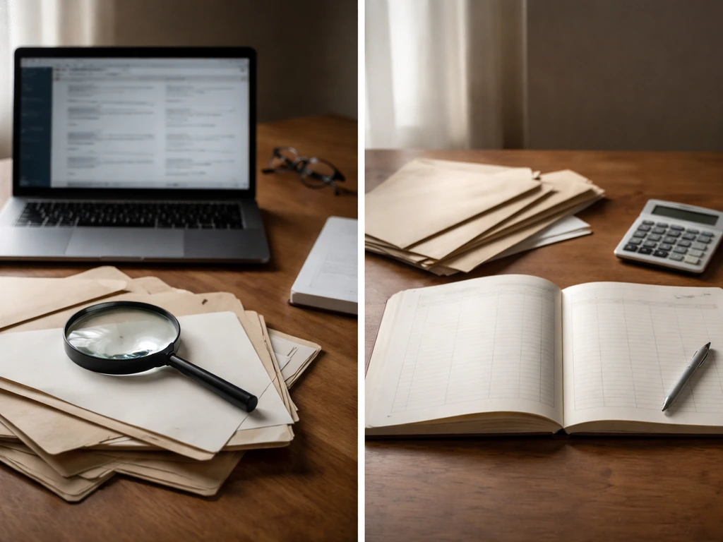 Minimal desk scene symbolizing missing records: laptop search, magnifying glass, empty ledger and calculator.