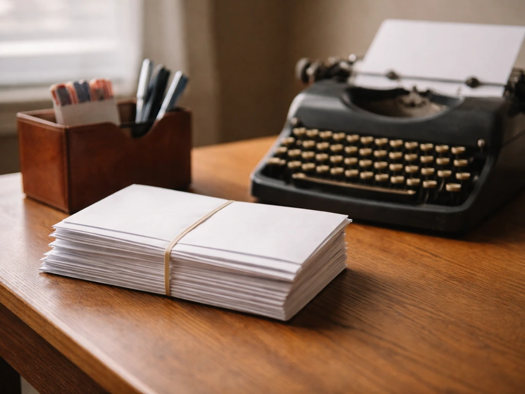 Close-up of an office desk with a typewriter, envelopes, and a vintage mail organizer symbolizing political direct mail