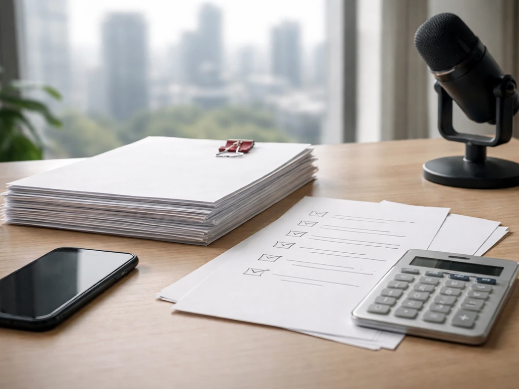 Minimal desk scene with generic documents, smartphone, and calculator suggesting research and methodology