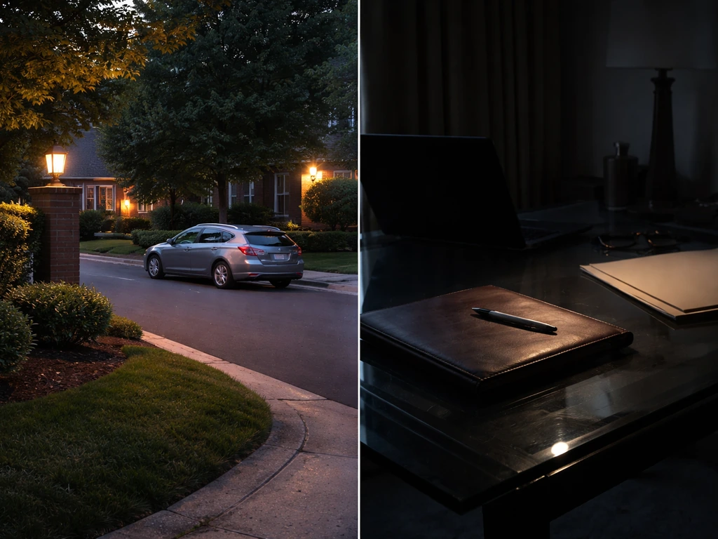 Split-screen: upscale suburban driveway vs dim home office desk suggesting lifestyle signals and unknown private value.