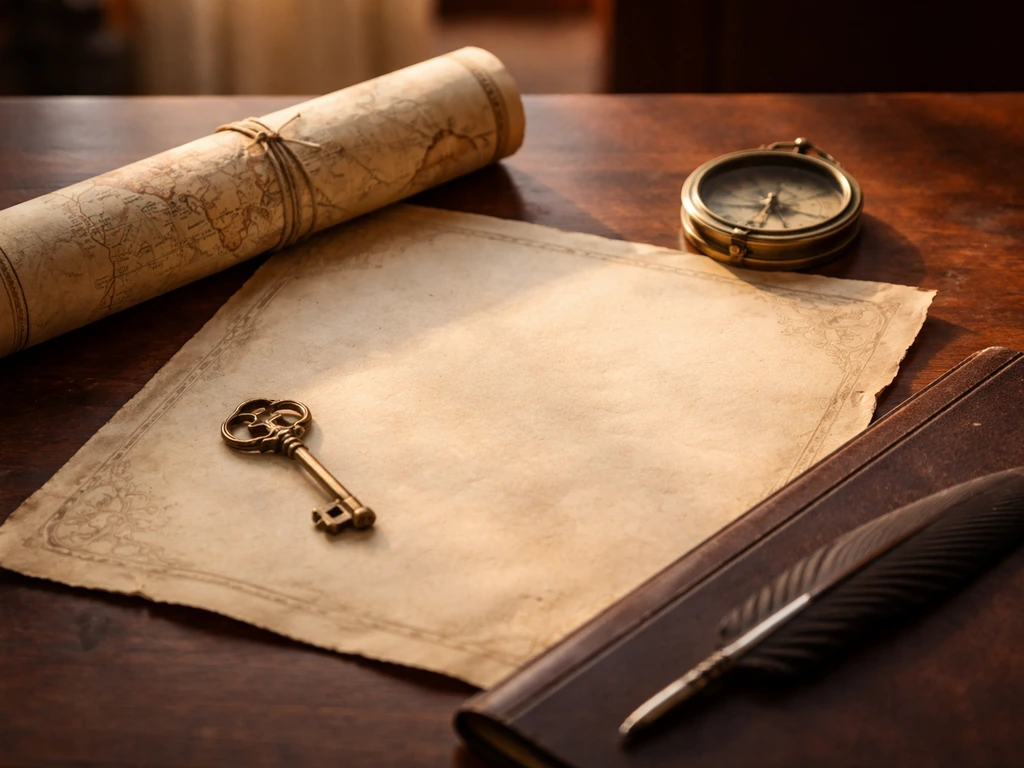 Vintage parchment map and antique deed scroll beside a brass compass, suggesting California land legacy