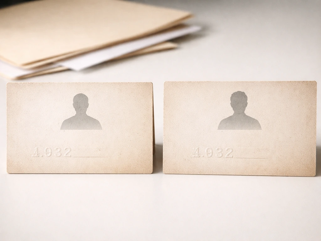 Minimal side-by-side cards showing two similarly named people: father and son, with born-year context.